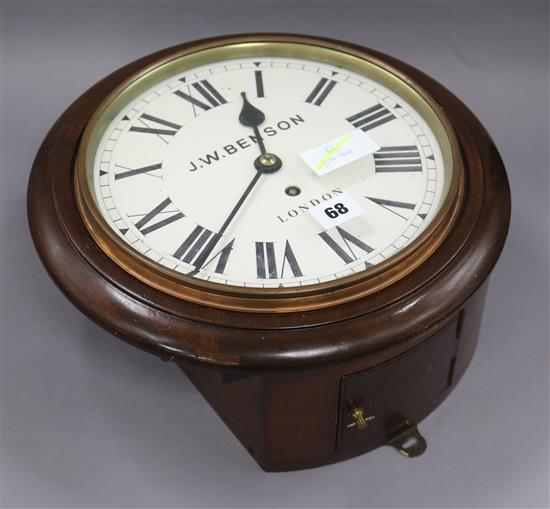 A mahogany fusee wall clock by J.W. Benson diameter 34cm